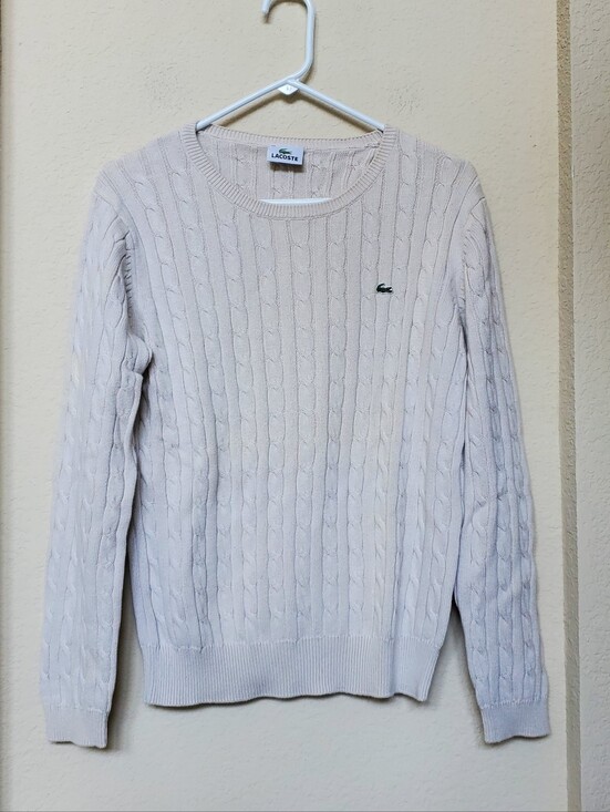 Lacoste Sweaters - Lacoste Cream Cable Knit Crewneck Sweater with Green Logo.  Size XL